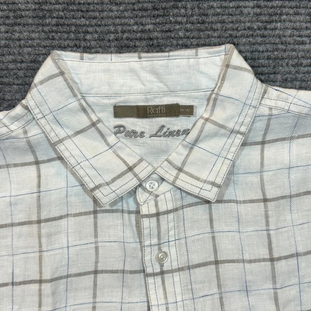 Raffi Pure Linen Button Up Shirt Mens XXL White Plaid Long Sleeve Summer Comfort